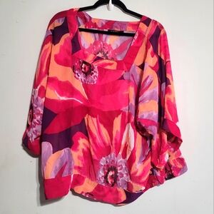 A.n.a Pink Top Size 2X Ruffle Purple Watercolor‎ Sheer Blouse Womens Plus Sz
